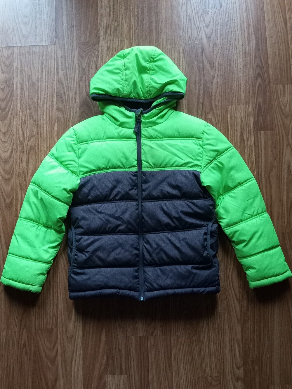 Boys Faded Glory Lime Green and Charcoal Hooded Puffer Jacket Size 8